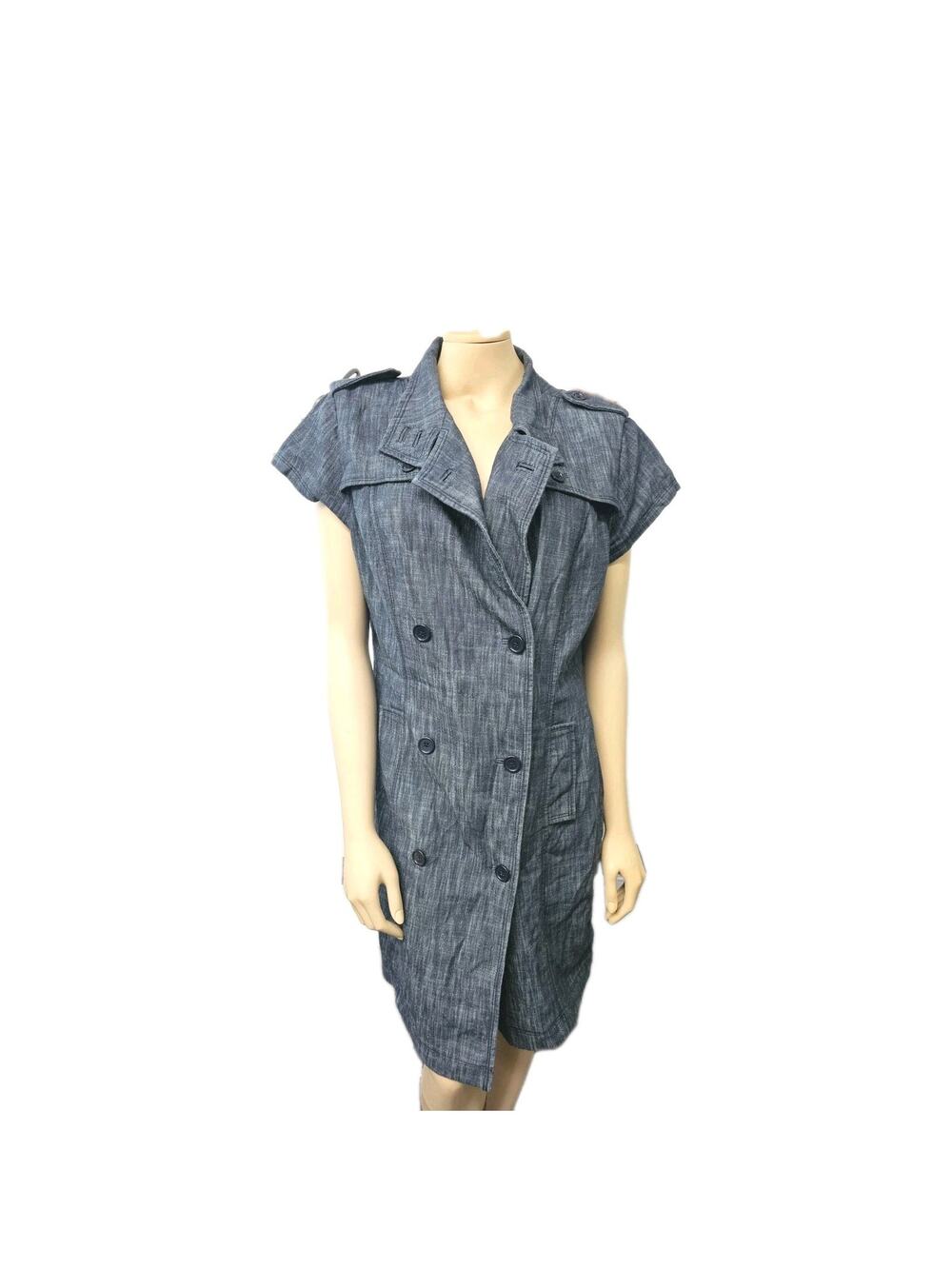 Sharagano Sleeveless Trench Dress Double Breasted Denim Chambray Utility Midi 16